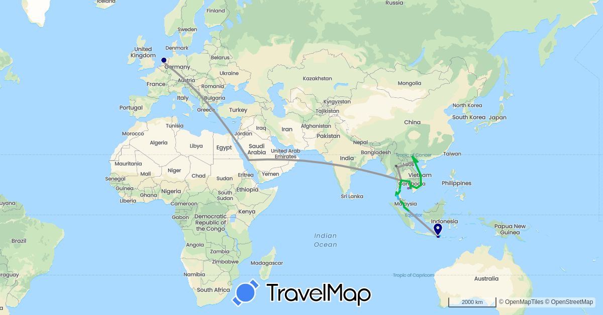 TravelMap itinerary: driving, bus, plane, train, boat, motorbike in Indonesia, Cambodia, Malaysia, Netherlands, Saudi Arabia, Singapore, Thailand, Vietnam (Asia, Europe)